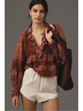 Anthro Ruffled Boho Blouse XS Sheer Floral Lace Trim Peasant Top